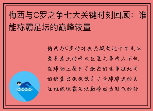 梅西与C罗之争七大关键时刻回顾：谁能称霸足坛的巅峰较量