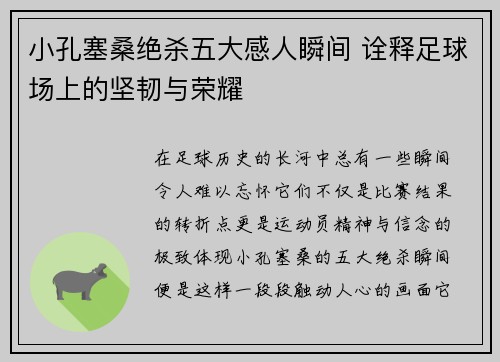 小孔塞桑绝杀五大感人瞬间 诠释足球场上的坚韧与荣耀